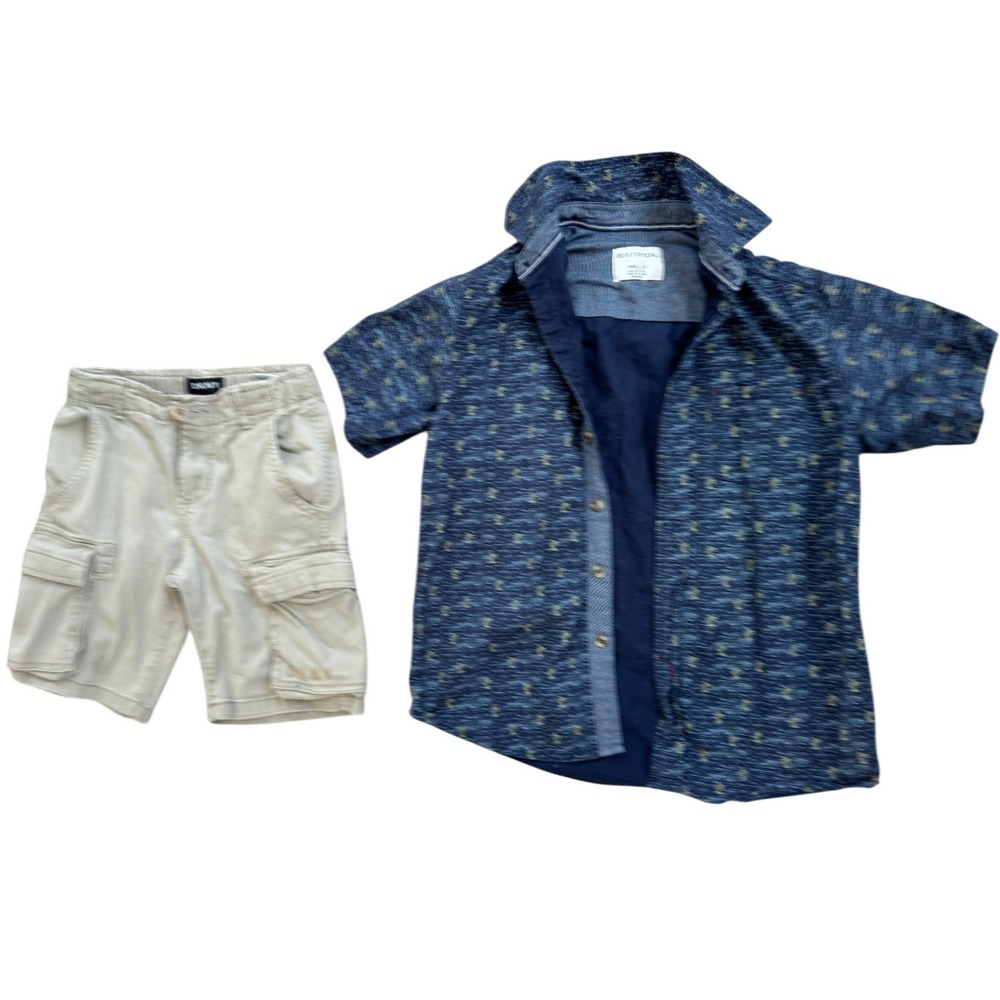 Boys Distortion Blue Button Down Shirt and DKNY Khaki‎ Cargo Shorts Set Size 8 S
